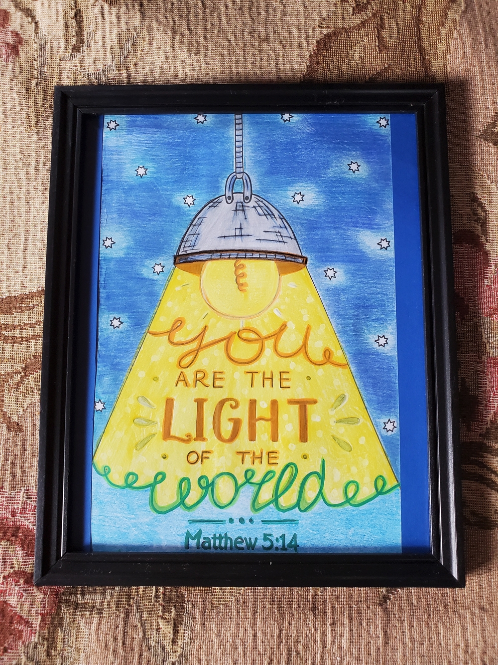 Hand Crafted Blue, Yellow, Green Inspirational Light of the World Art